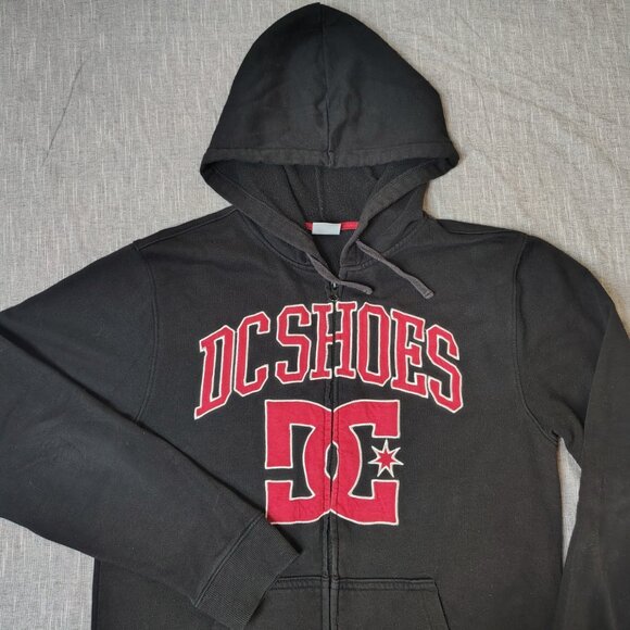 VINTAGE DC Shoes Company Hoodie Jacket Black Red Full Zip Spellout Logo Large - Picture 3 of 9